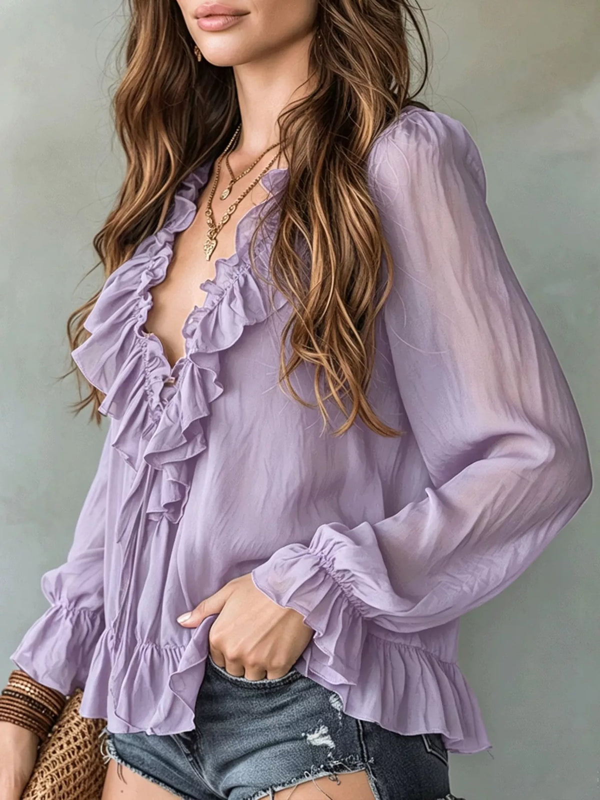 Ruffle V-Neck Long Sleeve Blouse, view 13