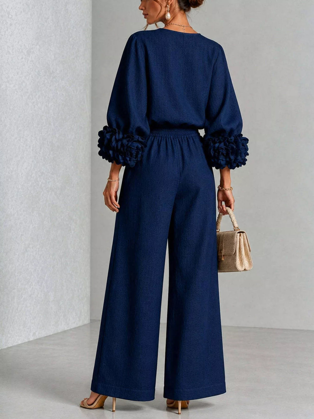 Full Size Floral Cuffs Top and Wide Leg Pants Set Plus Size