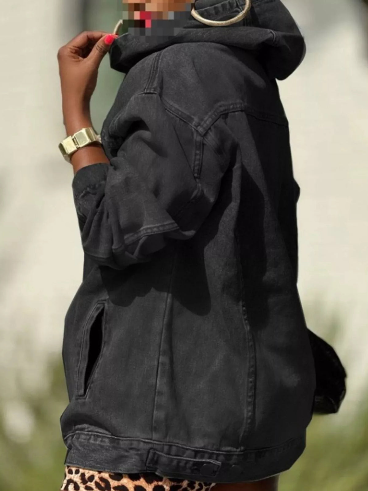 Oversized Washed Denim Hoodie with Front Pocket, view 4