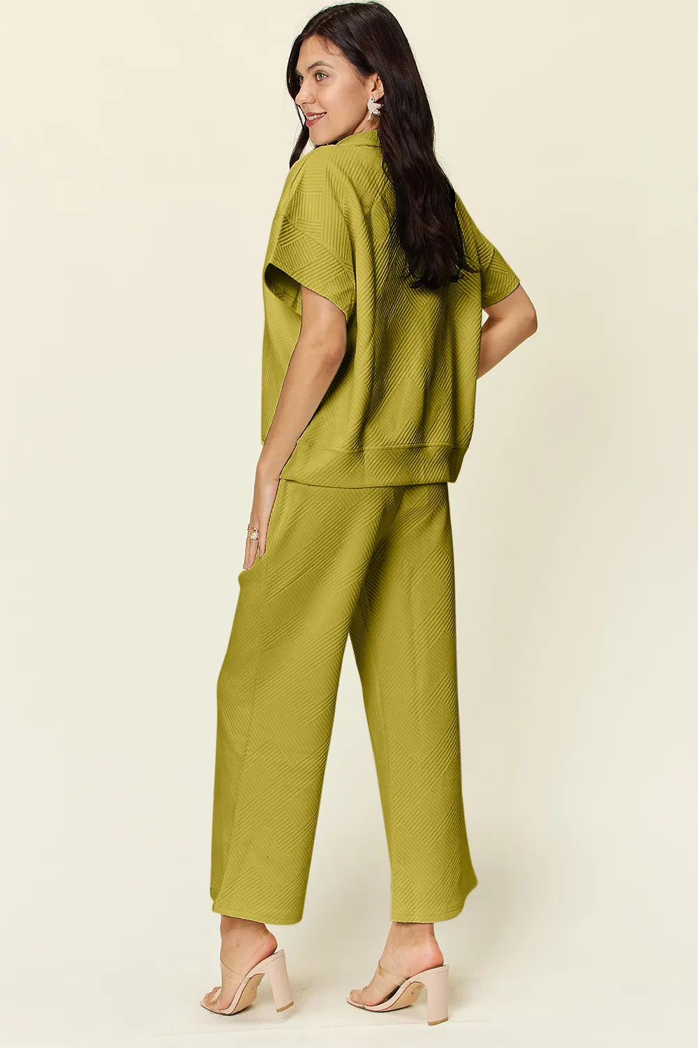 Double Take Full Size Texture Half Zip Short Sleeve Top and Pants Set, view 23