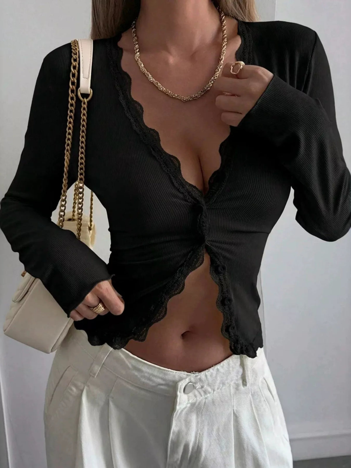 Lace Trim V-Neck Ribbed Long Sleeve Blouse, view 10