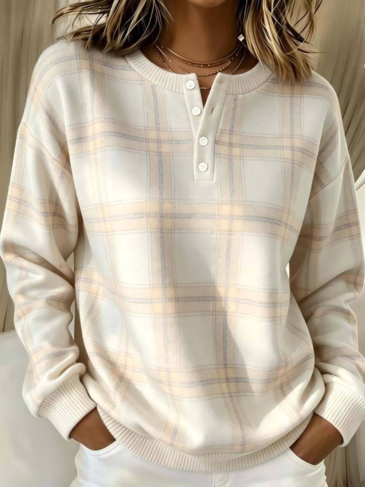 Full Size Plaid Button Detail Long Sleeve Sweatshirt Plus Size - Lilixa.store