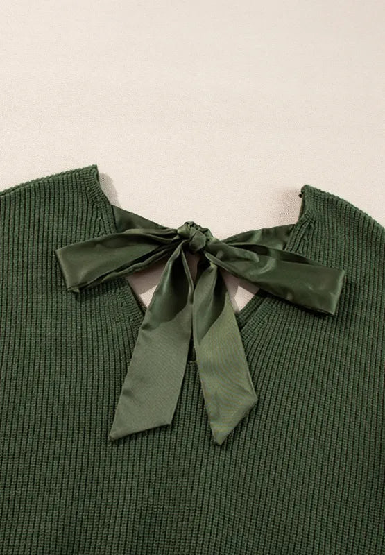 Tied Back V-Neck Long Sleeve Sweater - Lilixa.store
