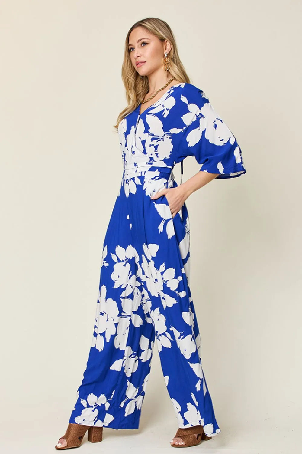 Double Take Full Size Printed Tie Back Wide Leg Jumpsuit - Lilixa.store