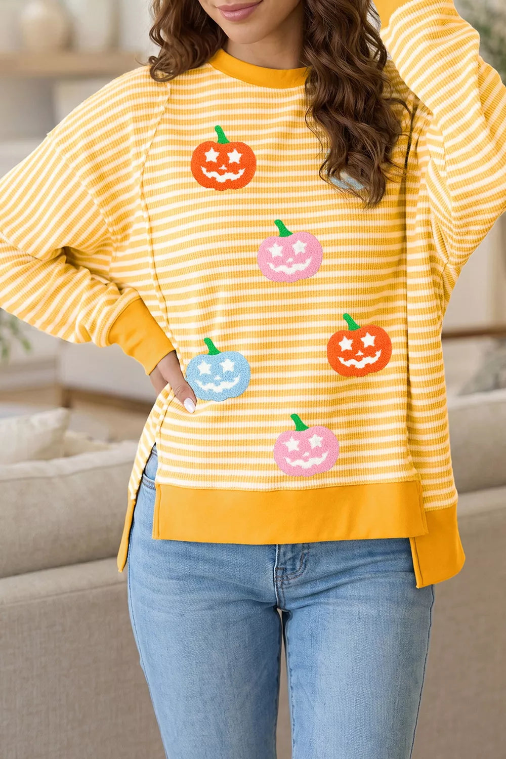 Stripe Halloween Pumpkin Face Waffle Knit Pullover Loose Top with Slits - Lilixa.store