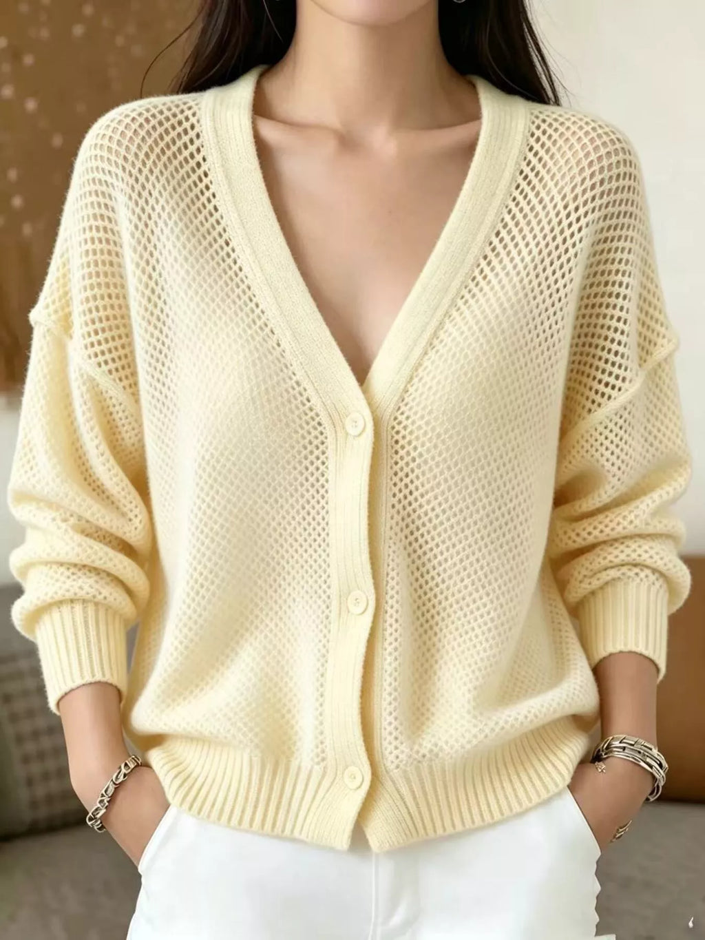 V-Neck Open-Knit Button-Down Cardigan - Lilixa.store