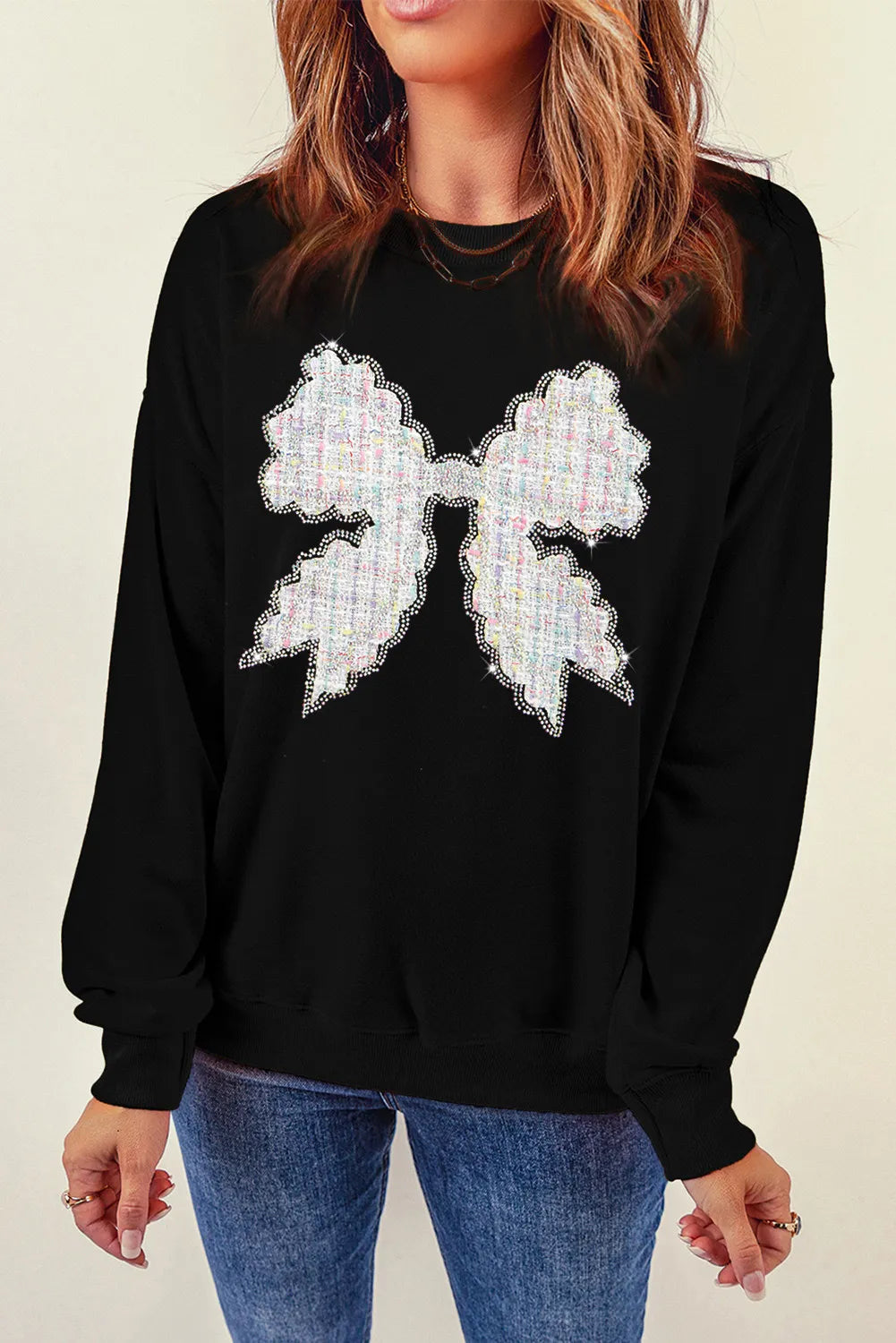 Contrast Bow Round Neck Long Sleeve Sweatshirt - Lilixa.store