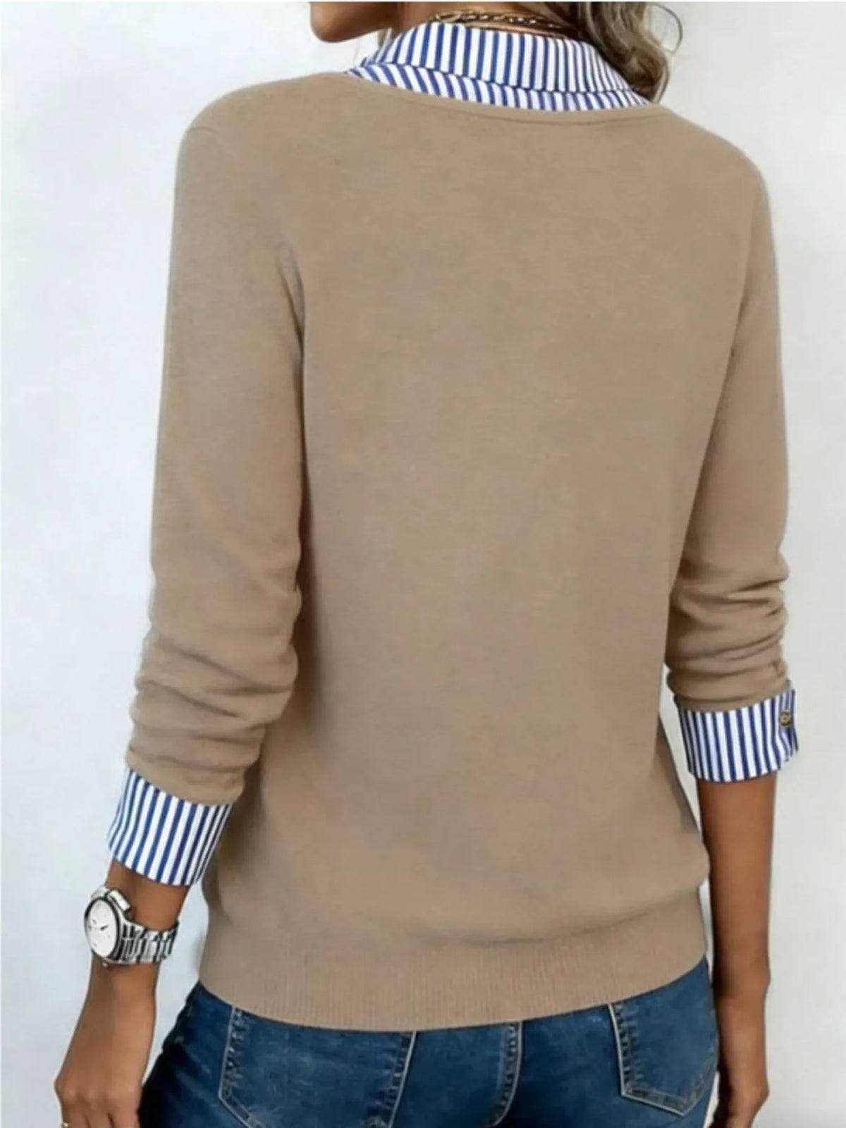 Layered Look Striped Collar Long Sleeve Top