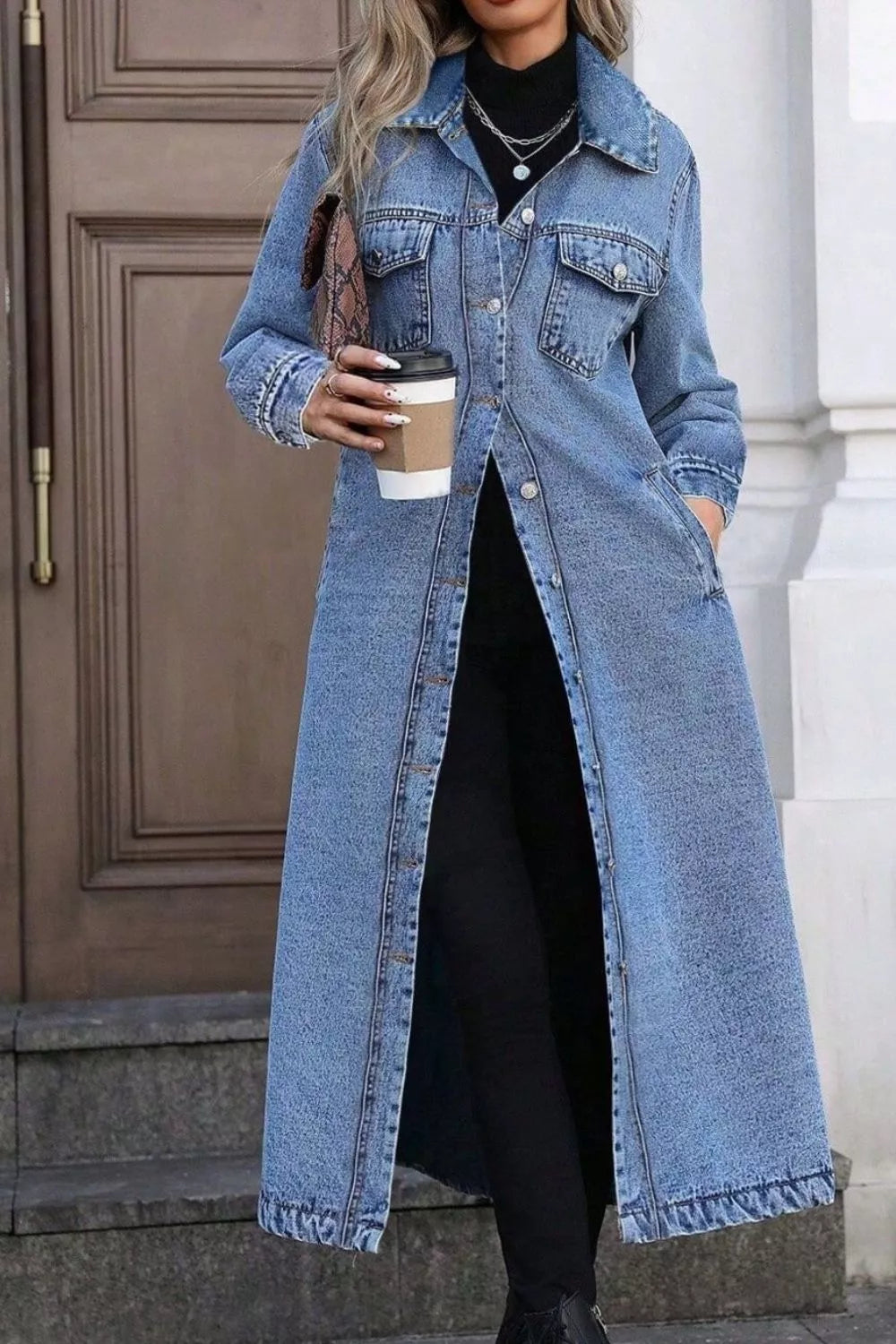 Longline Button-Down Denim Jacket in Blue, view 2