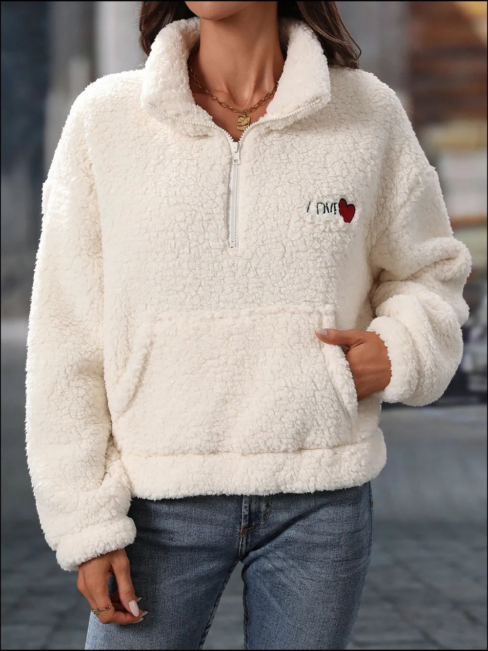Heart Half Zip Long Sleeve Teddy Sweatshirt - Lilixa.store
