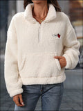 Heart Half Zip Long Sleeve Teddy Sweatshirt - Lilixa.store