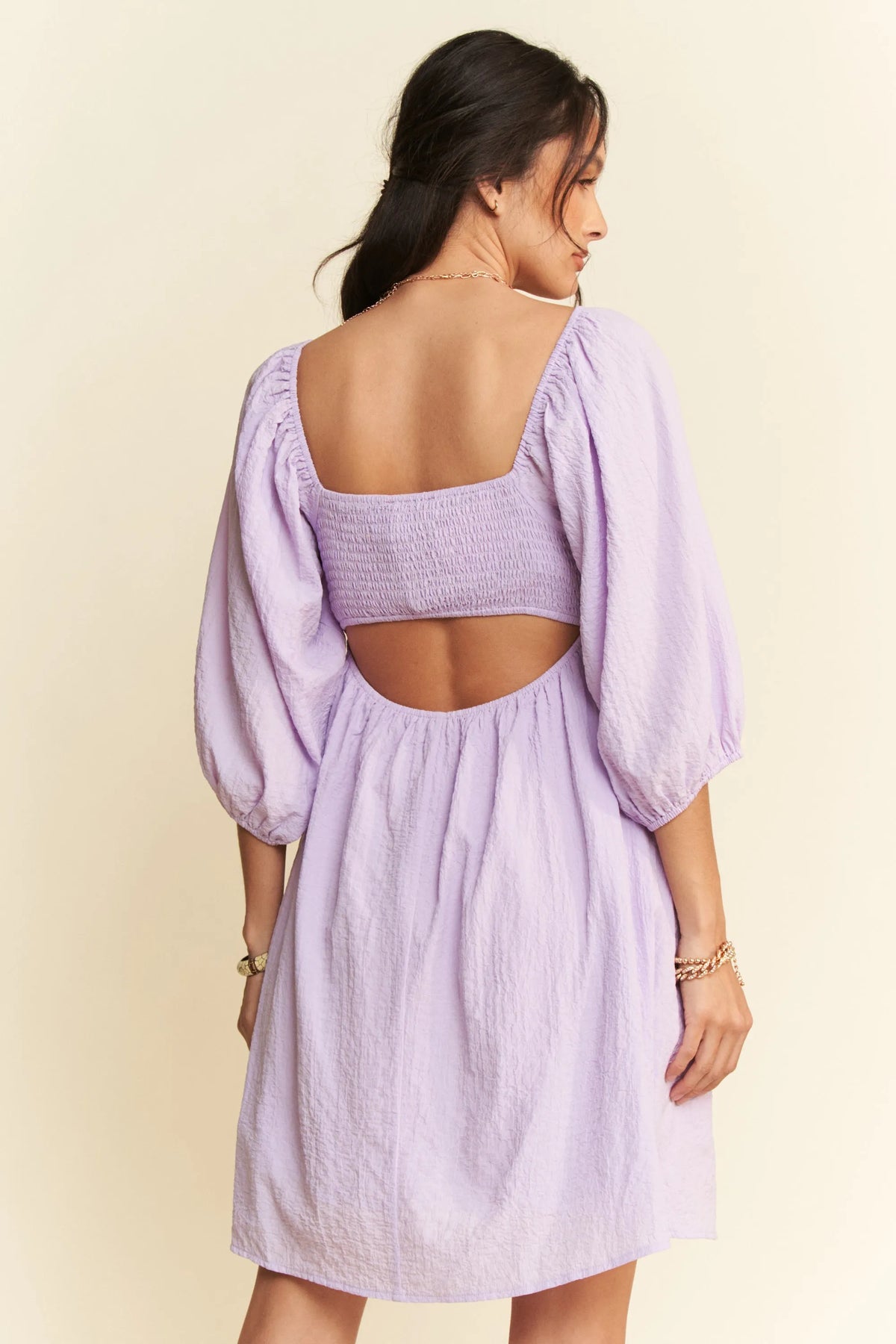 Davi & Dani Self-Tie Puff Sleeve Smocking Open Back Mini Dress - Lilixa.store