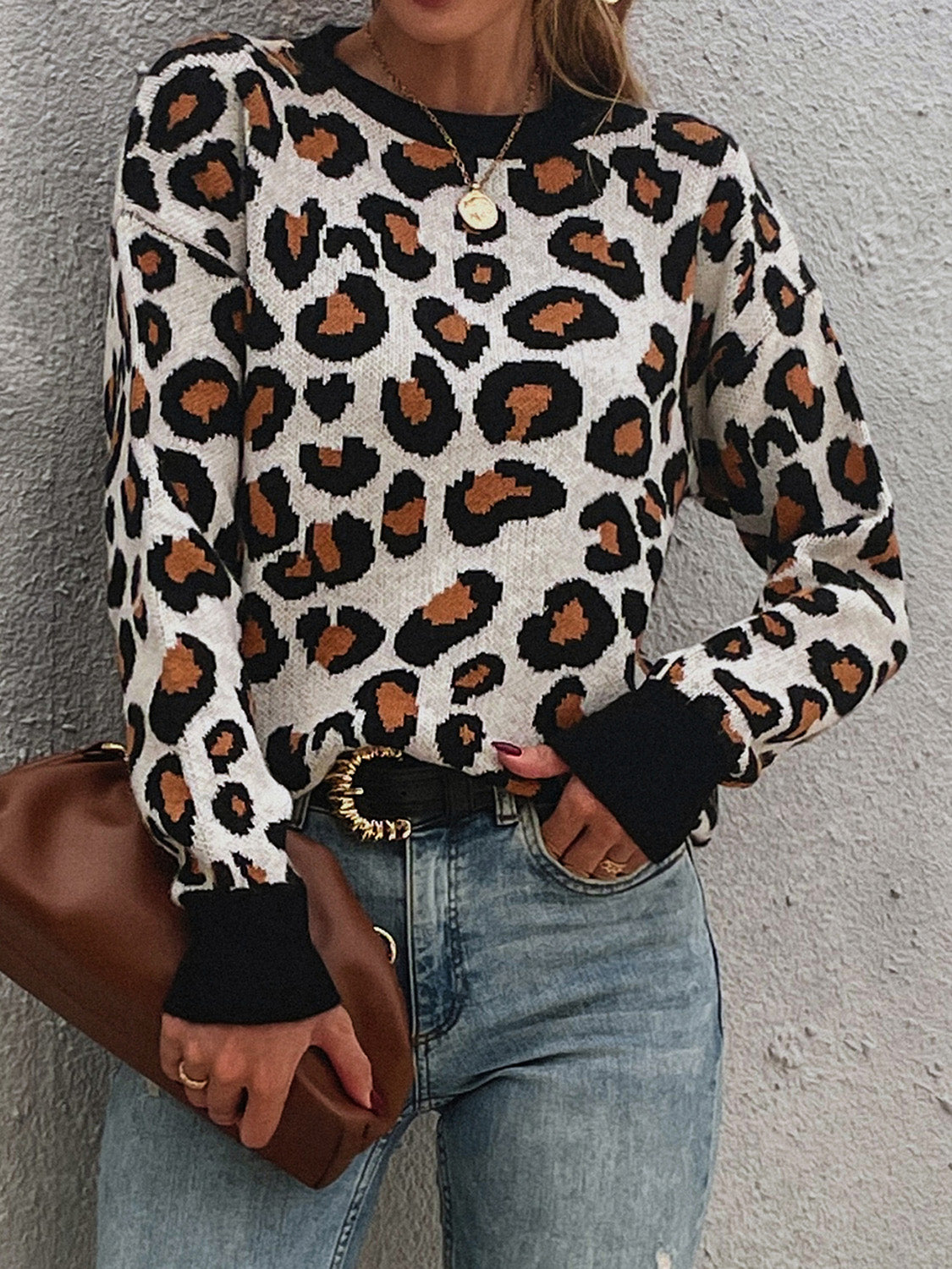 Leopard Round Neck Dropped Shoulder Sweater, view 3