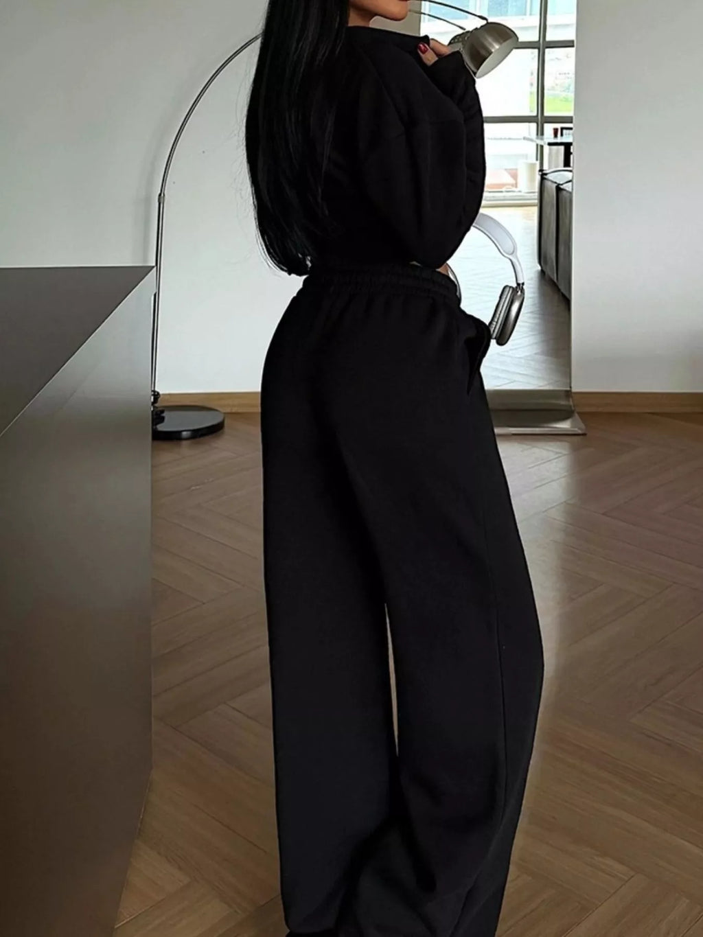 Zip-Up Crop Jacket and Wide-Leg Pants Set - Lilixa.store