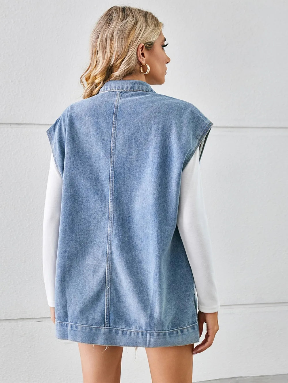 Pocketed Button Up Sleeveless Denim Jacket, view 4