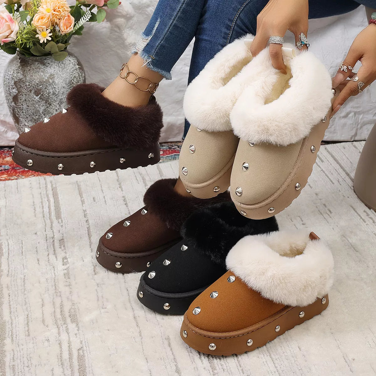 Studded Platform Faux Fur Lined Winter Boots - Lilixa.store