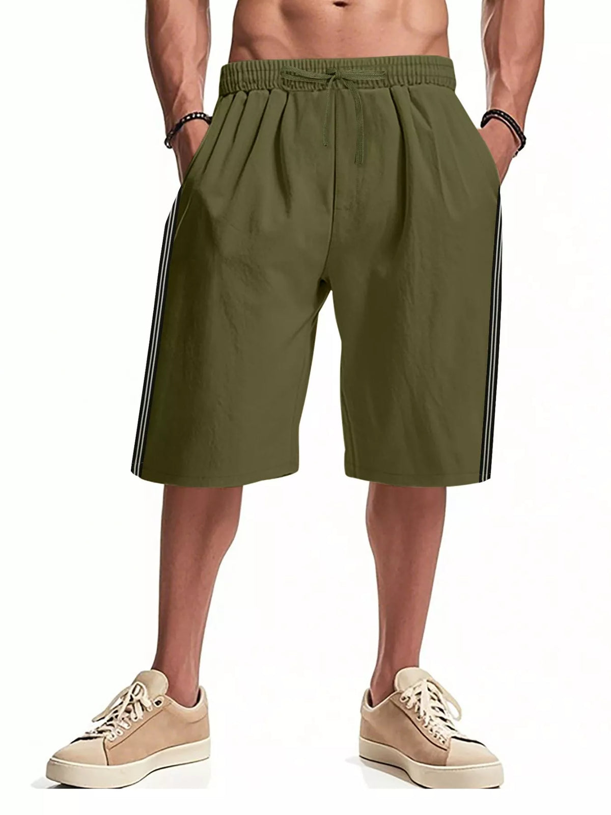 Men's Full Size Casual Striped Shorts Plus Size in Military Green