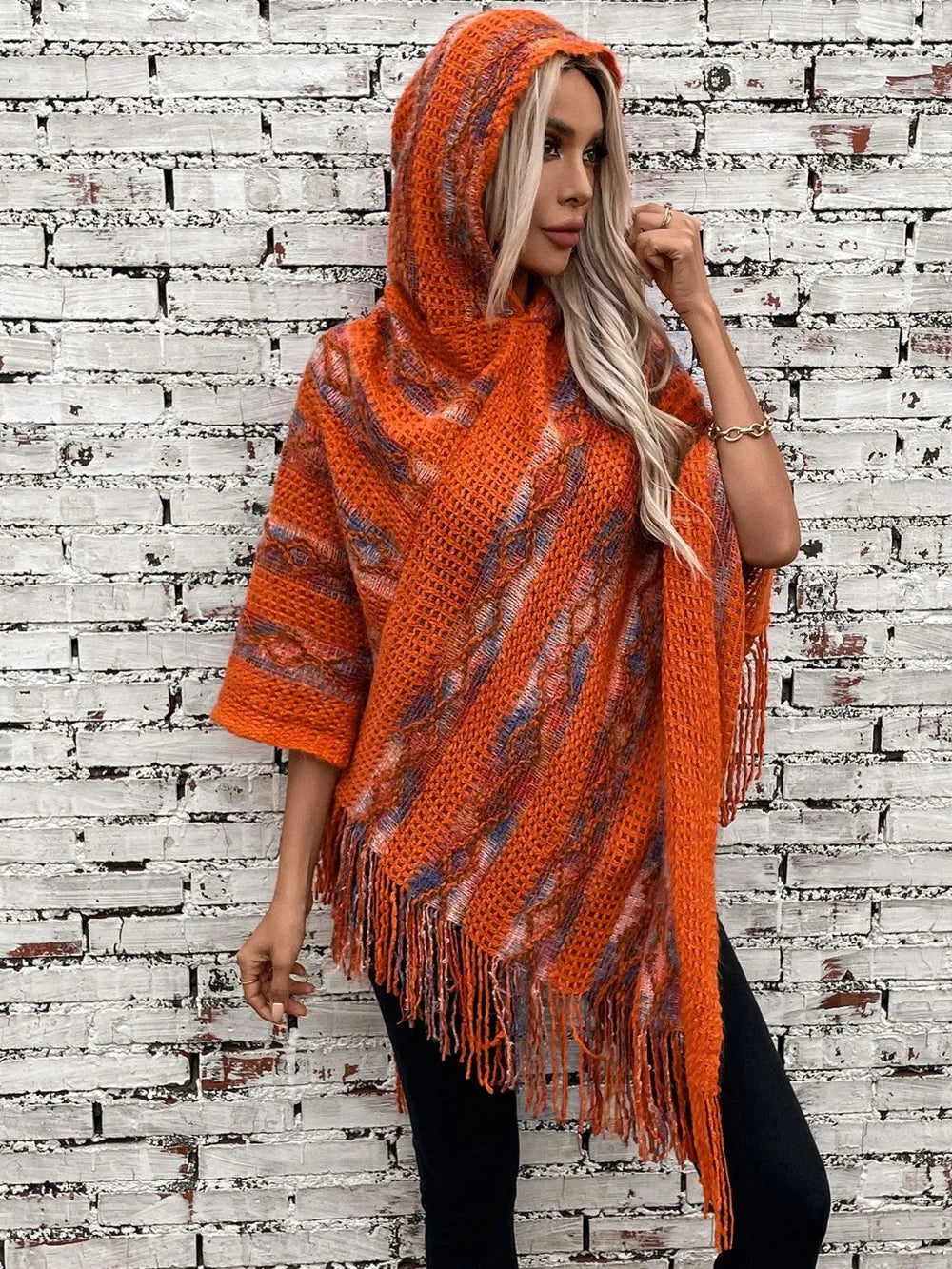 Fringe Contrast Hooded Poncho, view 2