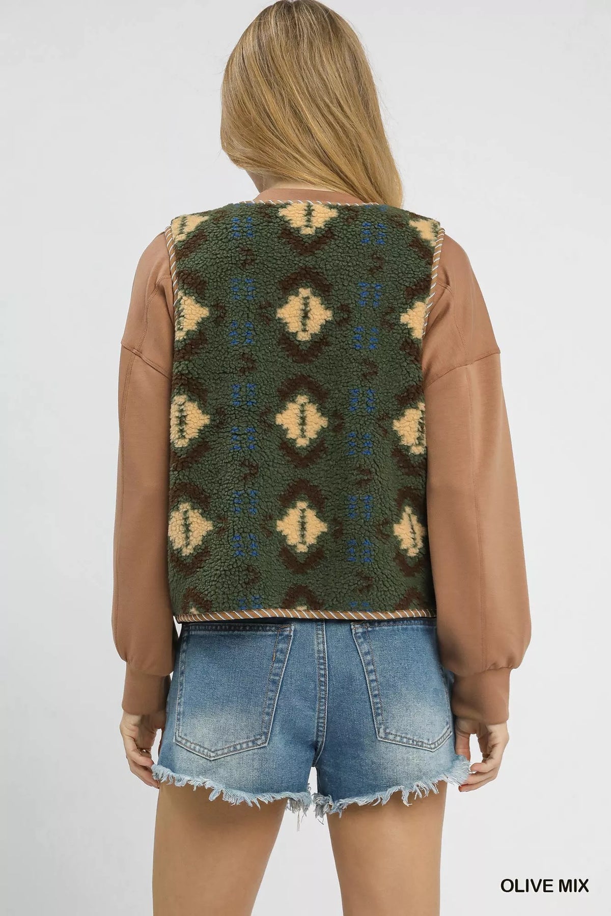 Umgee Mix Patterned Sherpa Tie-Front Vest - Lilixa.store