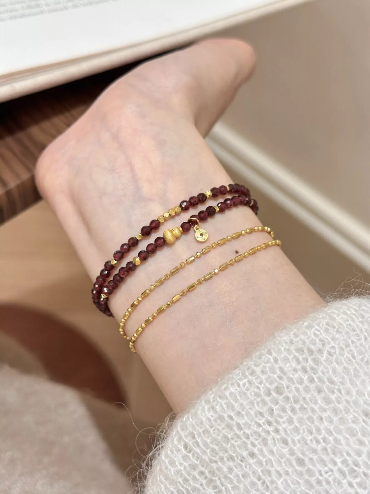 Double Layered Beaded Bracelet with Gold Accents in Burgundy, view 7
