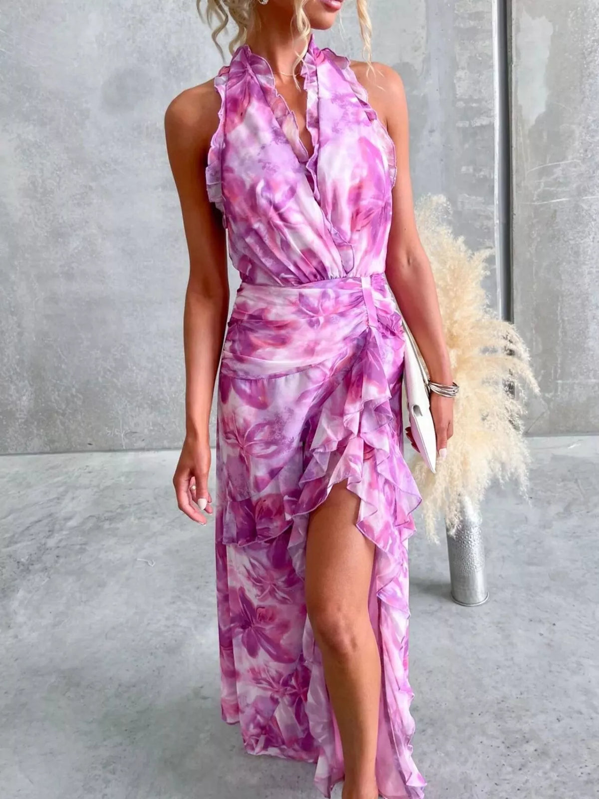 Floral Print Ruffle Halter Neck Maxi Dress - Lilixa.store