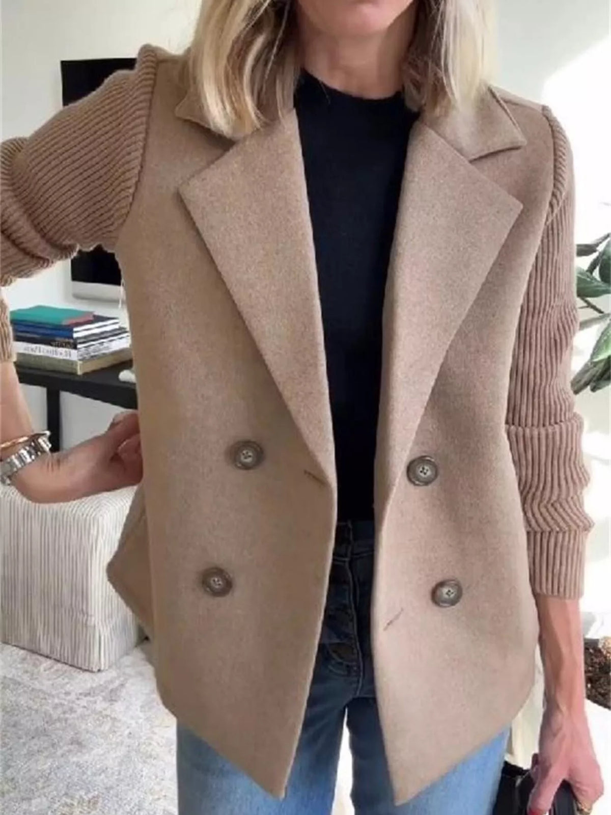 Full Size Knitted Sleeve Wool Blend Double-Breasted Blazer Plus Size - Lilixa.store