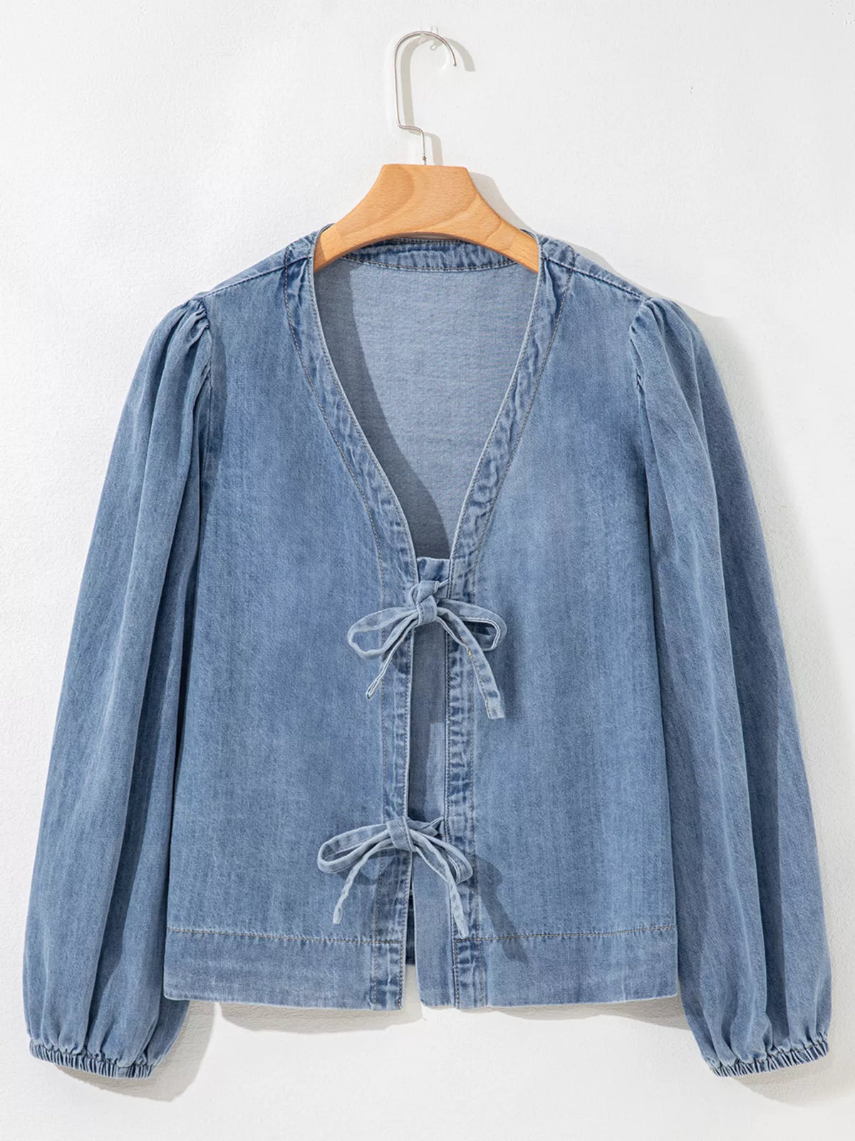Tied Front Puff Sleeve Denim Top in Dusty Blue, view 6