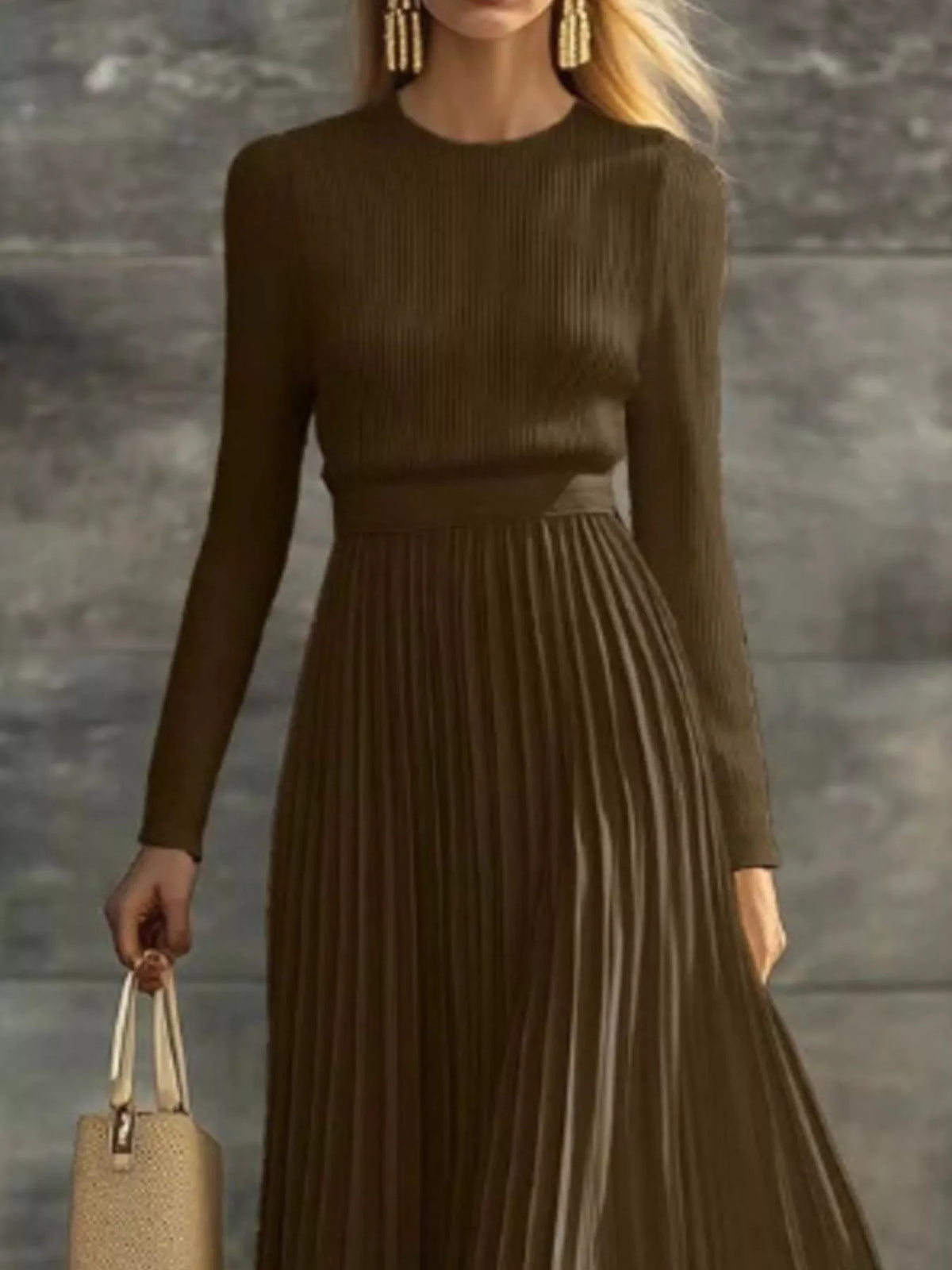 Ribbed Knit Pleated Midi Dress