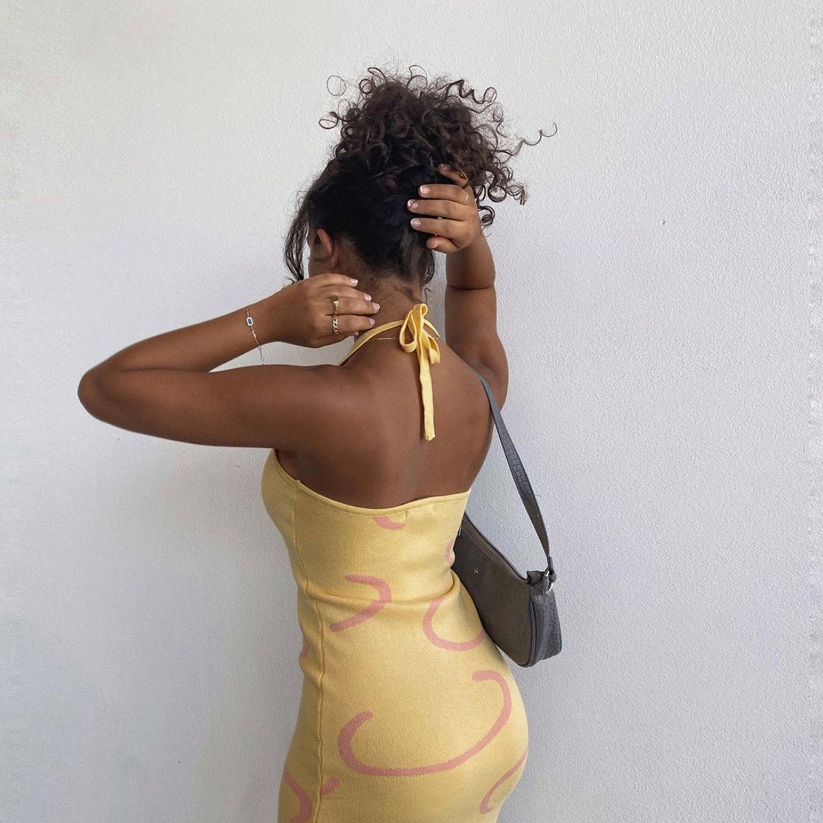 Halter Neck Midi Sweater Dress in Banana Yellow, view 2