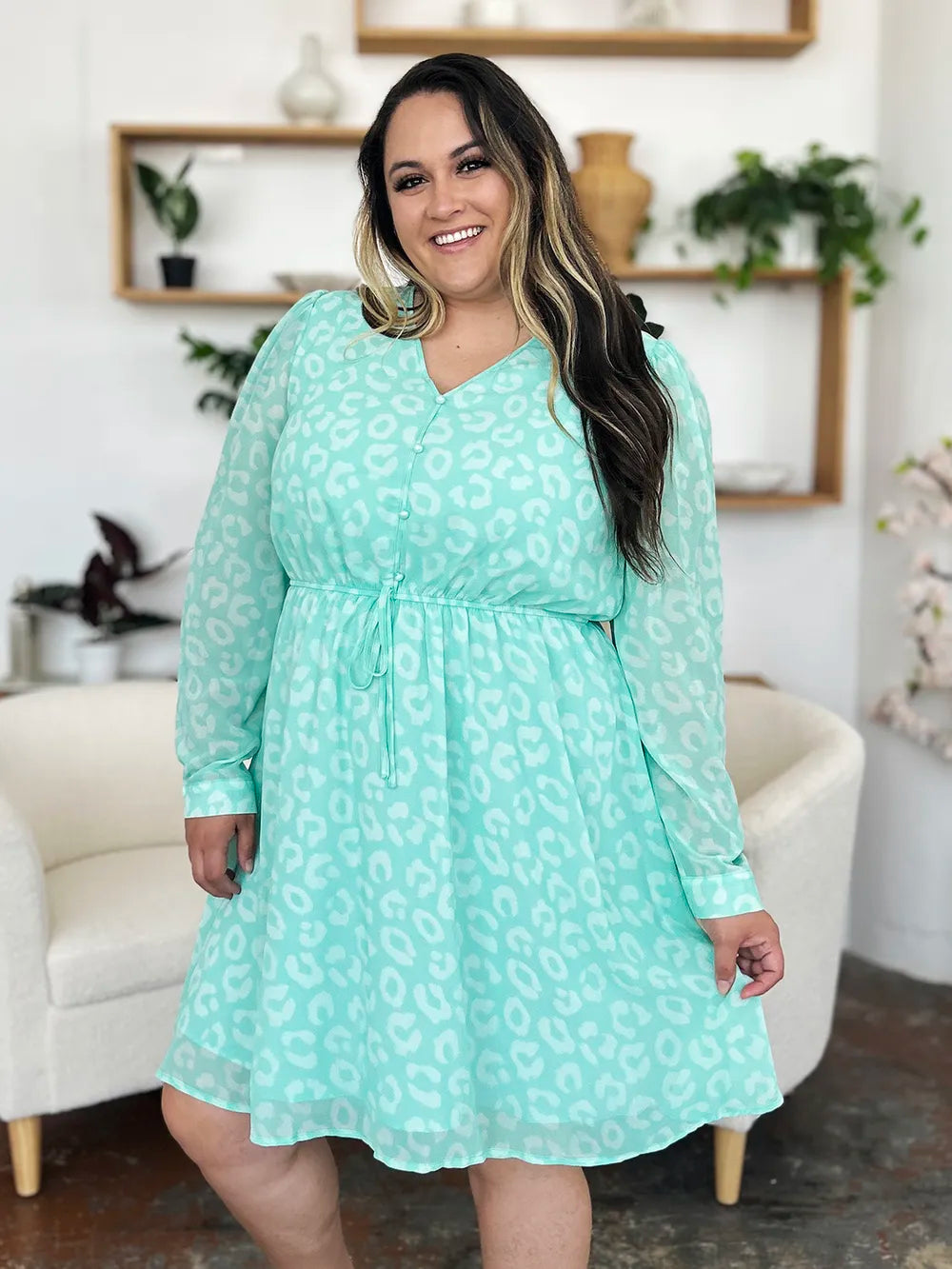 Double Take Full Size Printed Ruched V-Neck Long Sleeve Dress - Lilixa.store