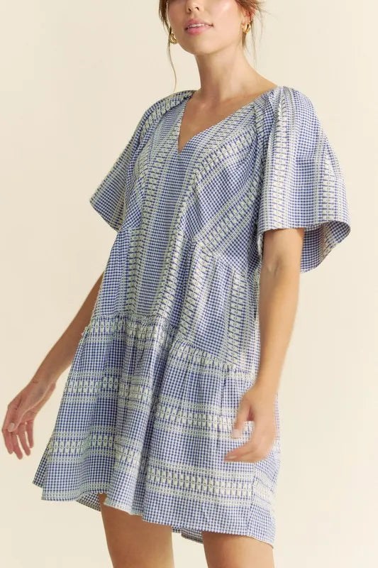 Davi & Dani Embroidered Stripe Ruffled Gingham Mini Dress - Lilixa.store