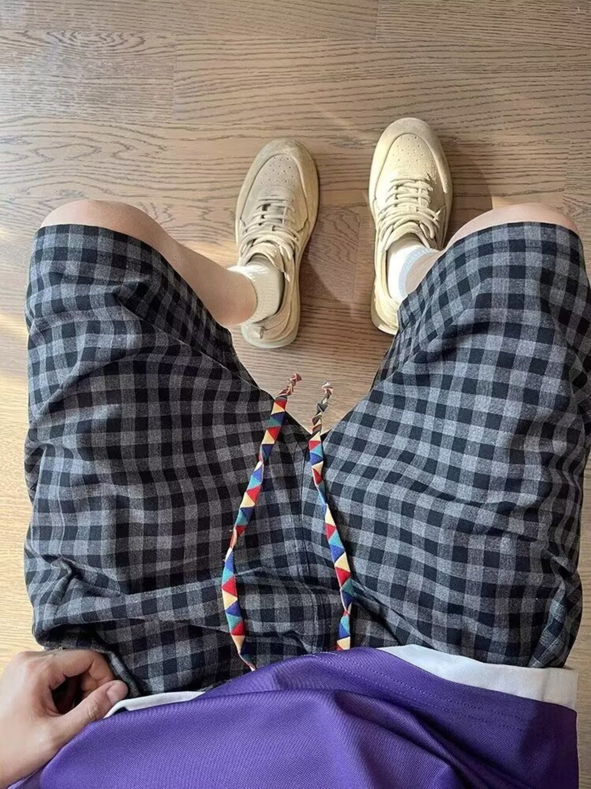 Men's Plus Size Plaid Drawstring Casual Shorts in Dark Gray, view 4