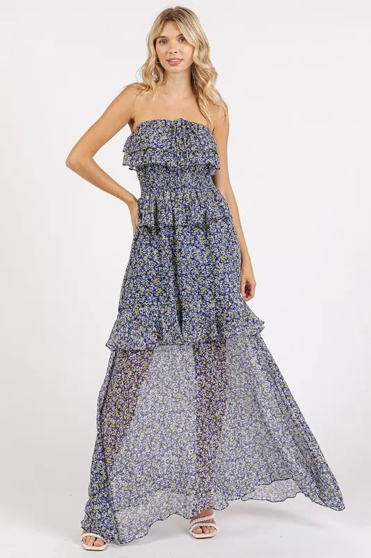Mittoshop Ruffled Smocked Floral Halter Neck Maxi Dress - Lilixa.store