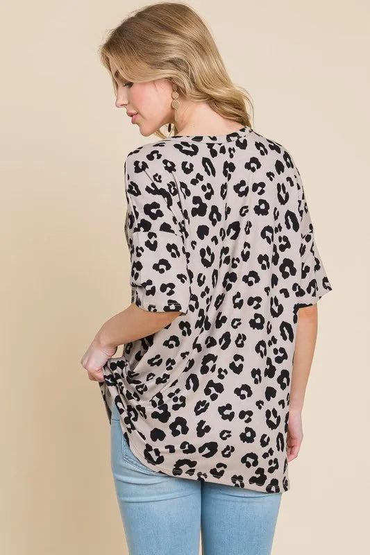 BOMBOM Button Detail Exposed Seam Leopard Half Sleeve Top - Lilixa.store