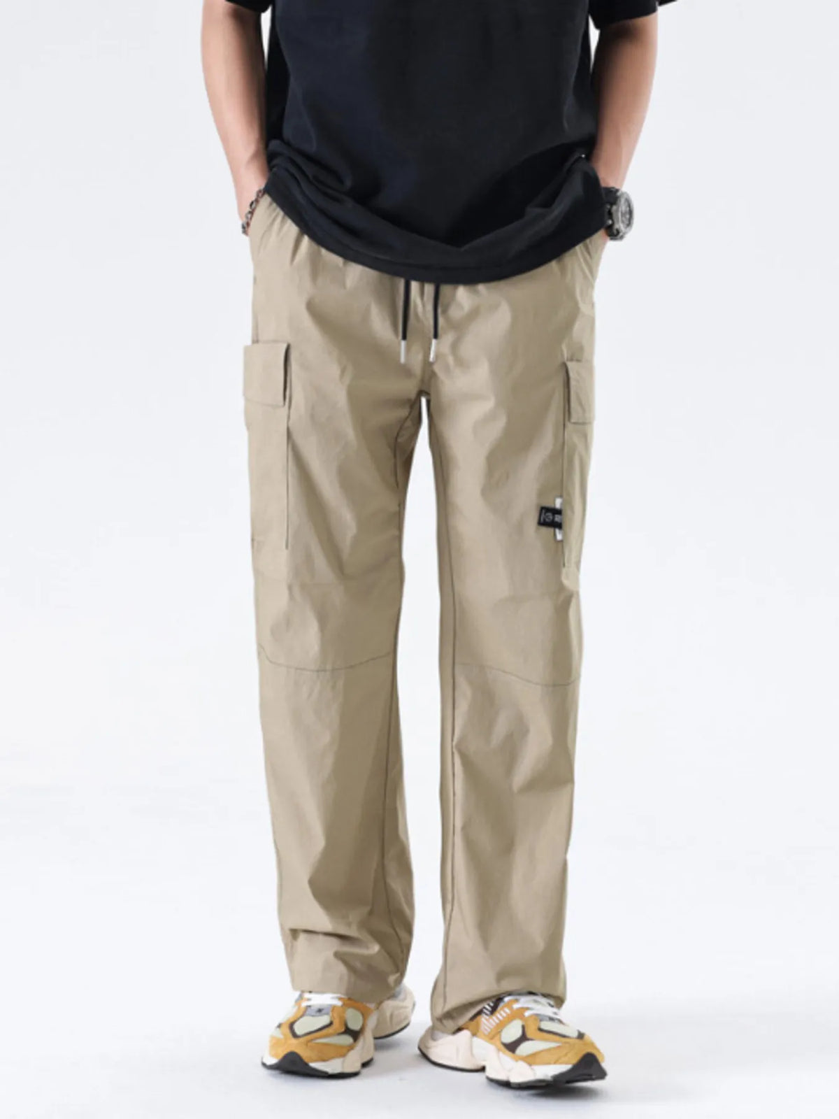 Men's Full Size Drawstring Wide Leg Cargo Pants Plus Size in Khaki
