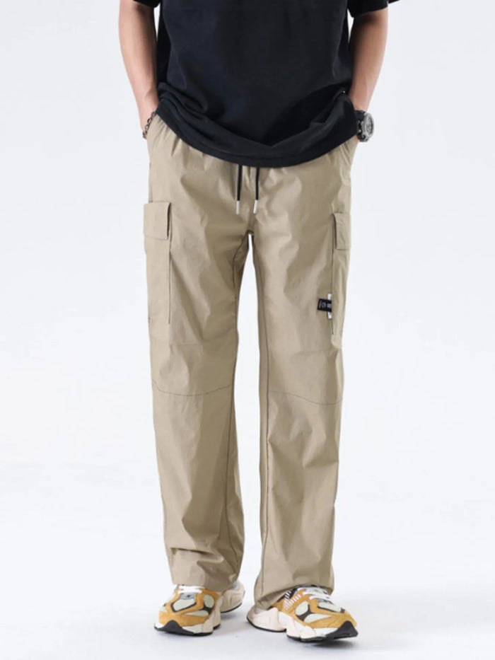 Men's Full Size Drawstring Wide Leg Cargo Pants Plus Size in Khaki