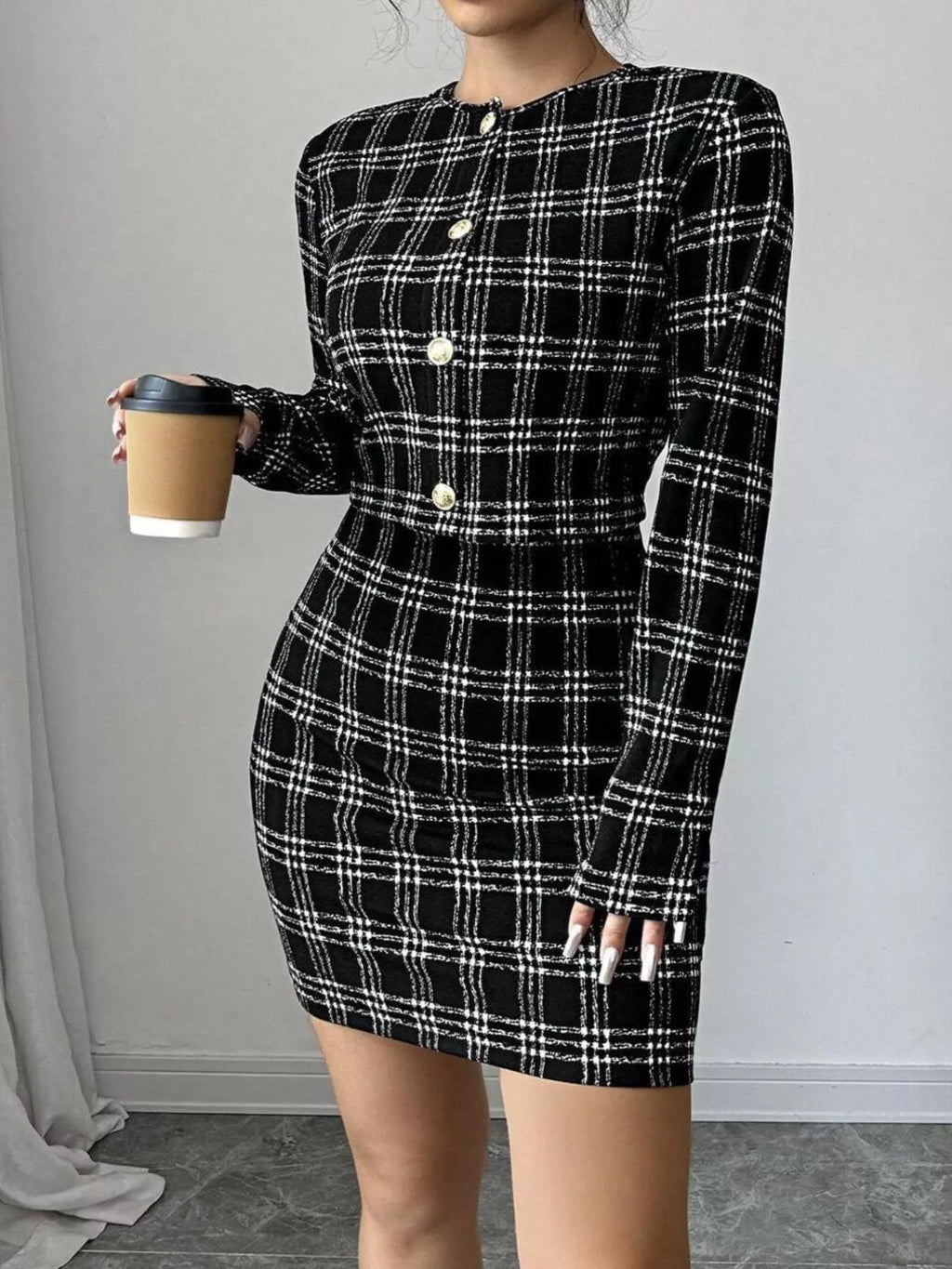 Plaid Tweed Crop Outerwear and Bodycon Mini Dress Two-Piece Set - Lilixa.store