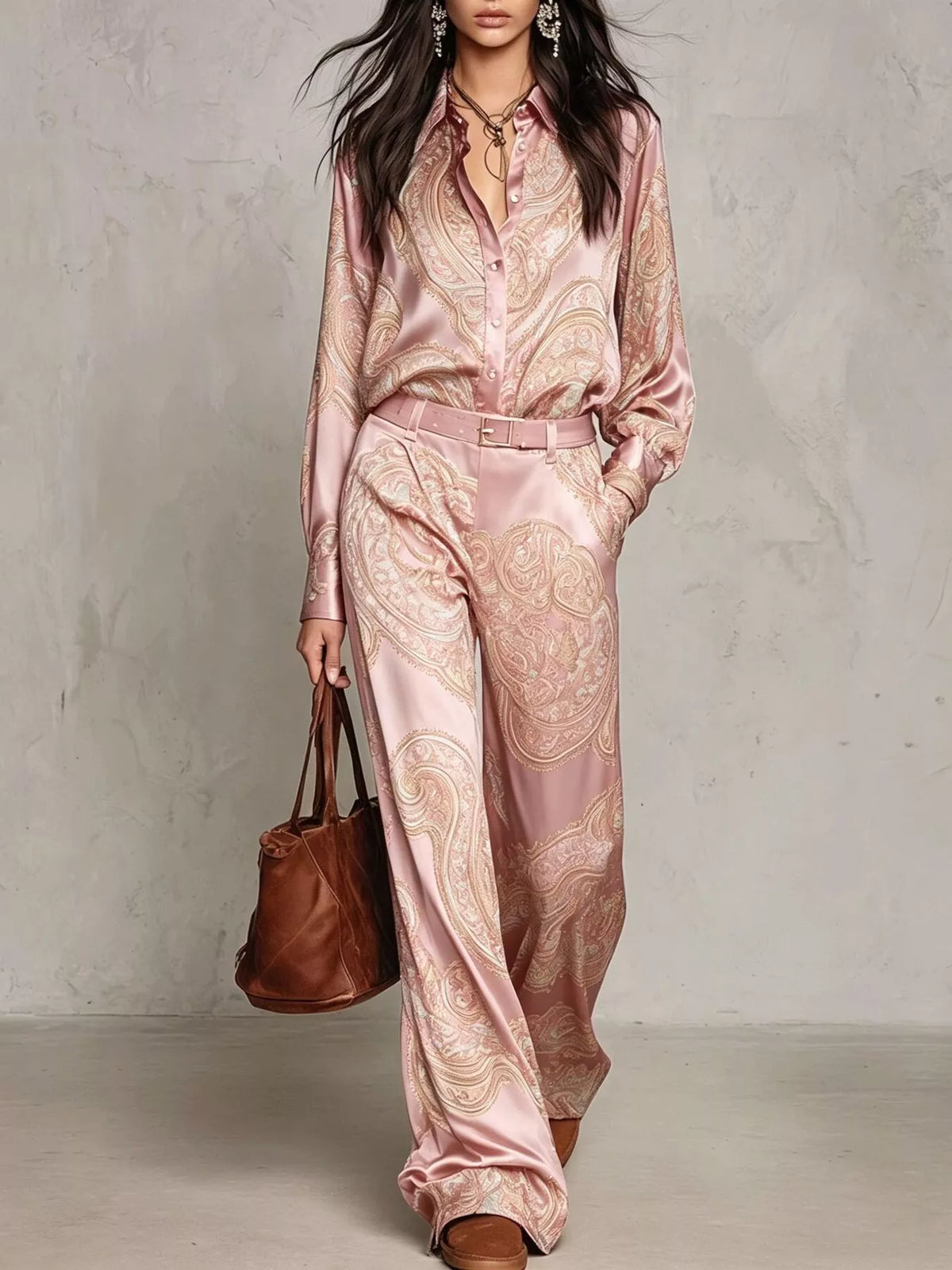 Paisley Print Long Sleeve Shirt and Wide-Leg Pants Set