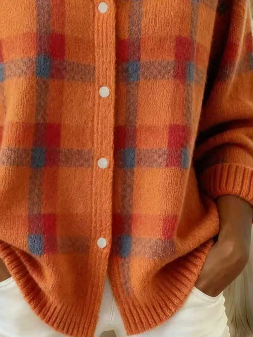 Full Size Plaid Button-Down Knit Cardigan Plus Size - Lilixa.store