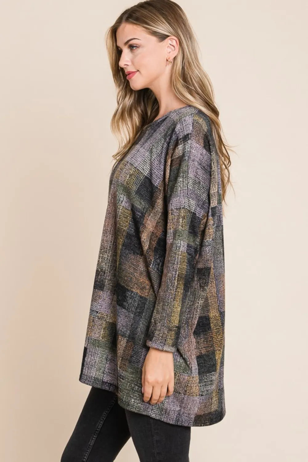 BOMBOM Plaid Round Neck Long Sleeve Top - Lilixa.store