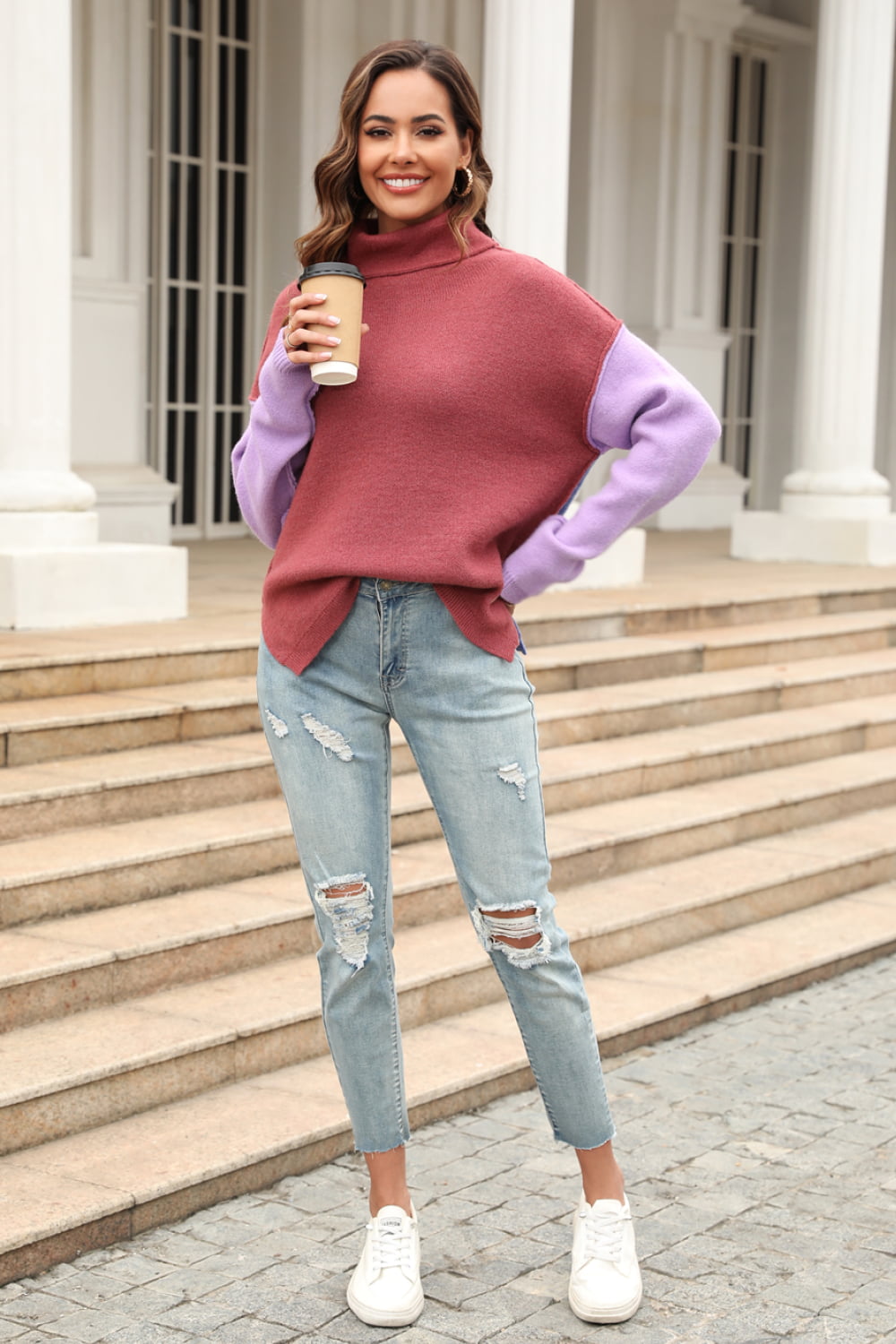 Angel Wings Color Block Turtleneck Slit Sweater, view 14