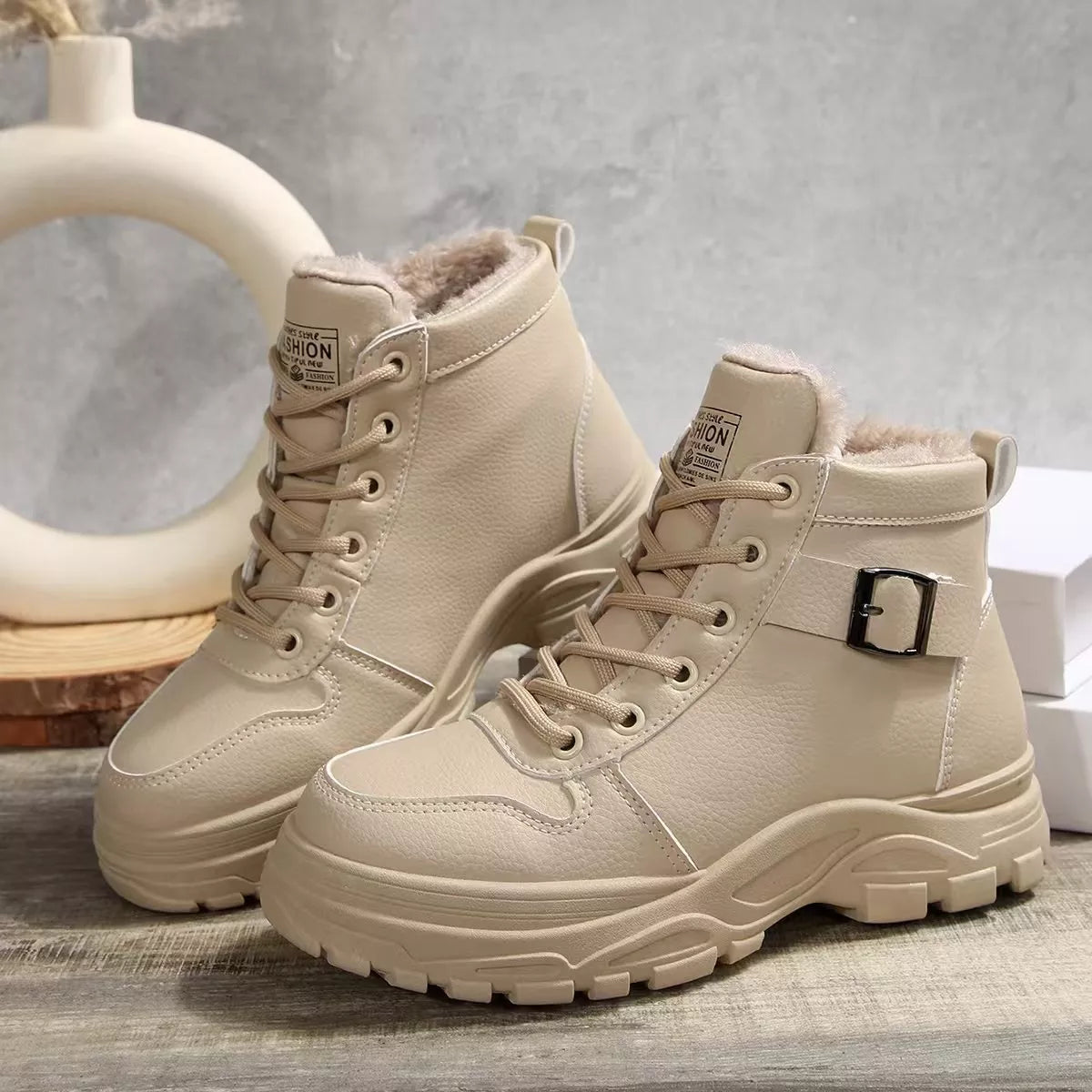 Lace-Up Ankle Boots with Buckle Detail
