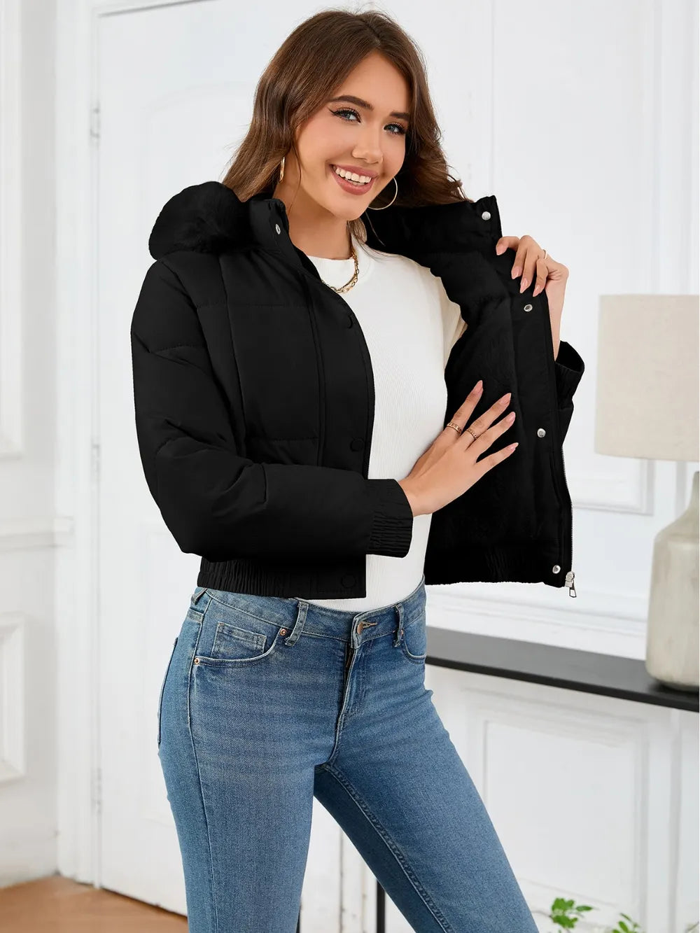 Pocketed Long Sleeve Cropped Hooded Winter Coat - Lilixa.store