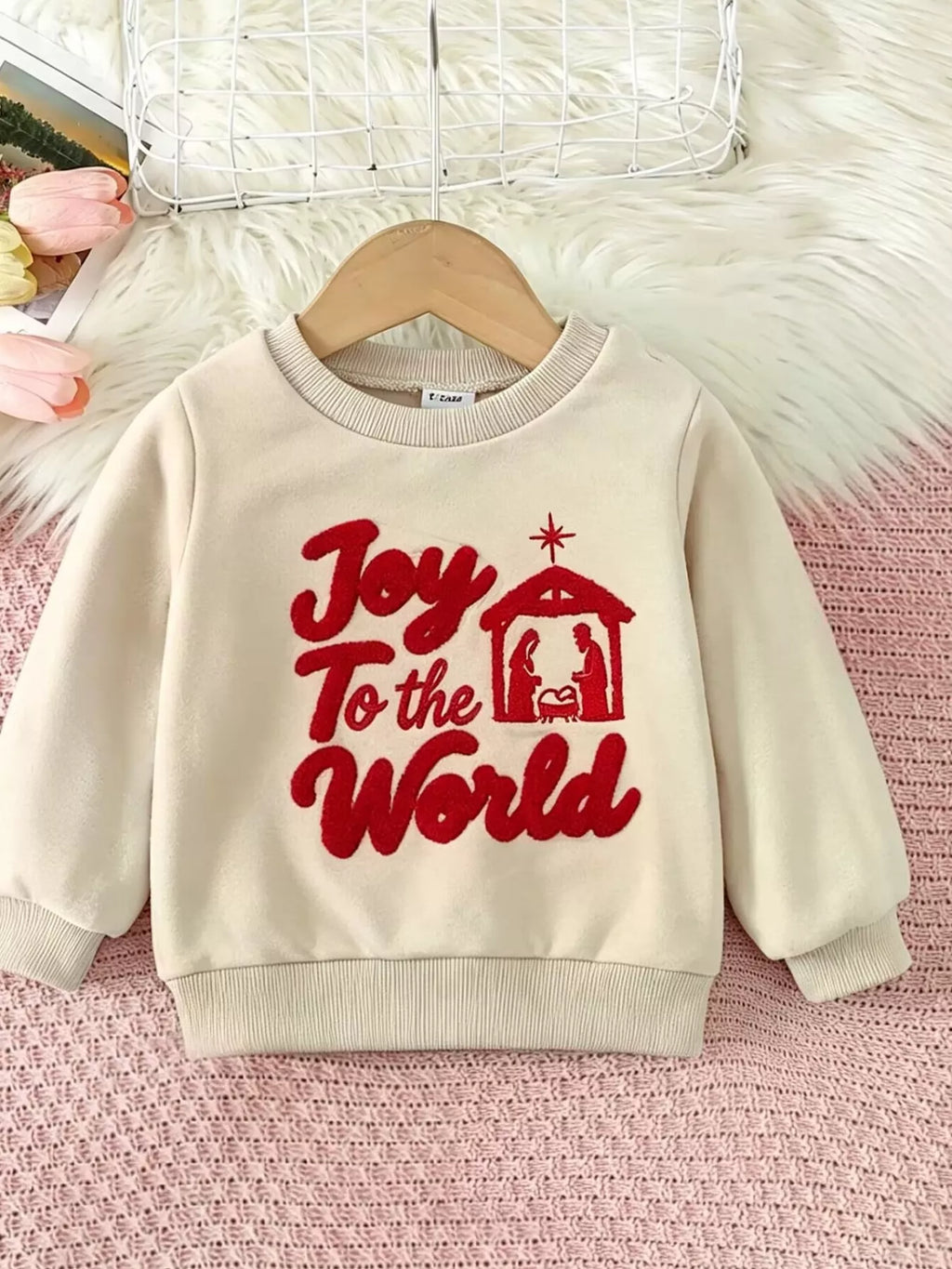 Children's Joy to the World Graphic Crew Neck Sweatshirt in Beige