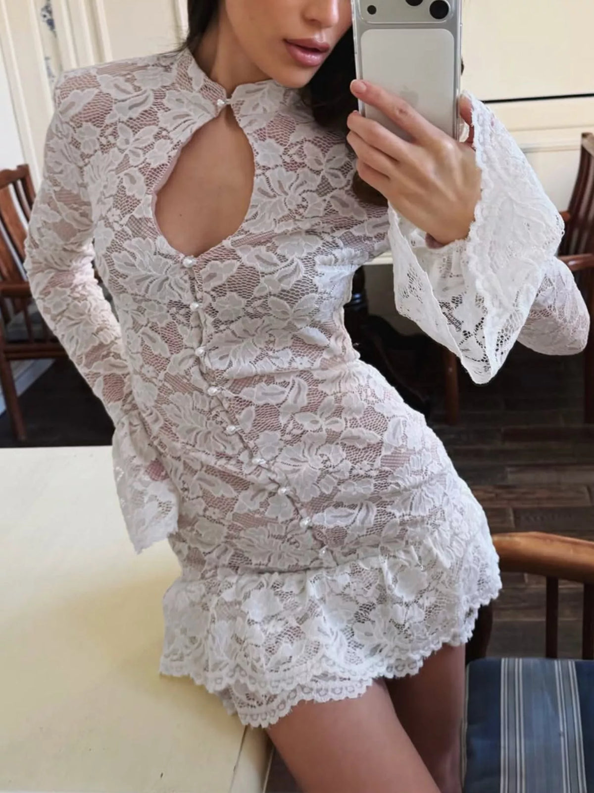 Lace Long-Sleeve Ruched Mini Dress - Lilixa.store