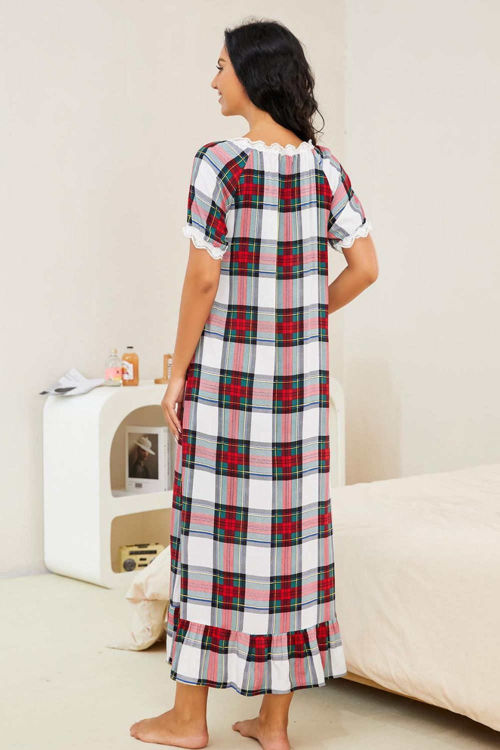 Plaid Lace Trim Ruffle Hem Night Dress - Lilixa.store