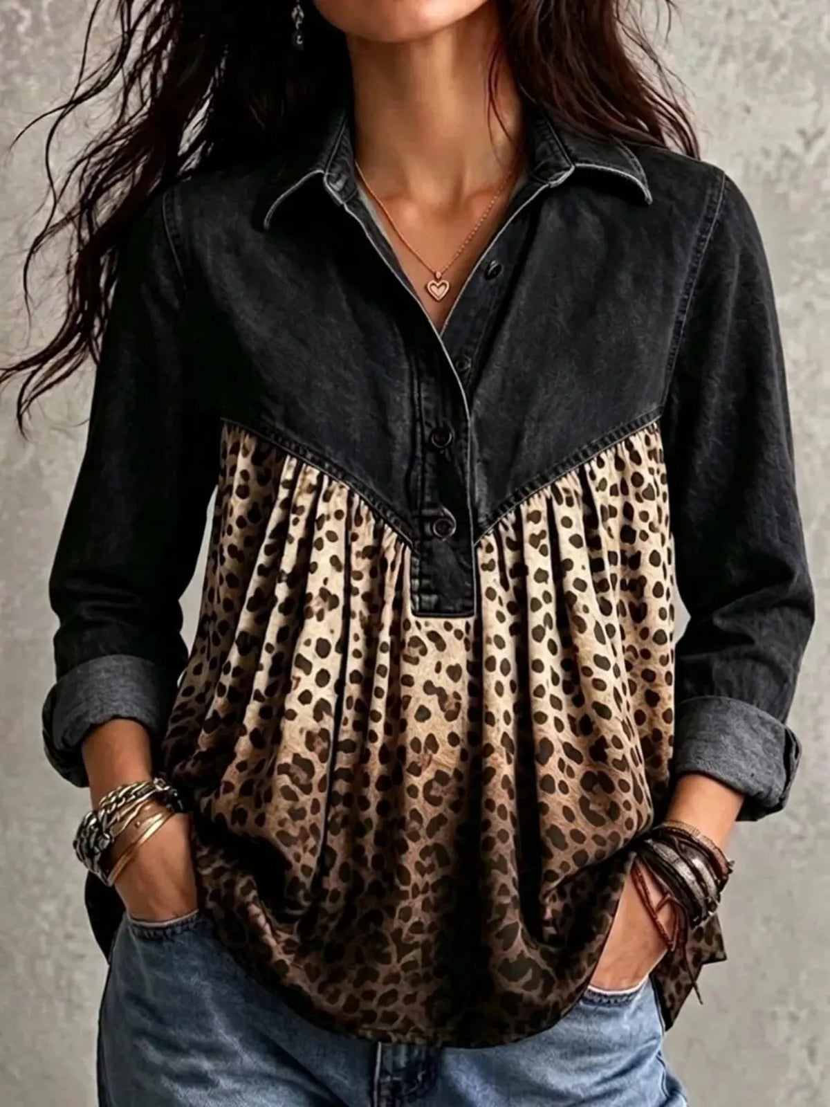 Full Size Leopard Button Detail Blouse Plus Size - Lilixa.store