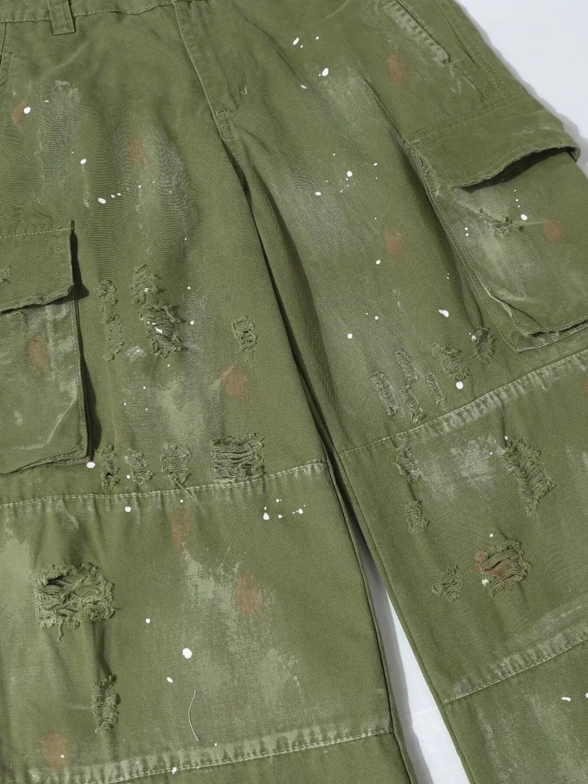 Men's Distressed Cargo Pants with Paint Splatter in Moss, view 3