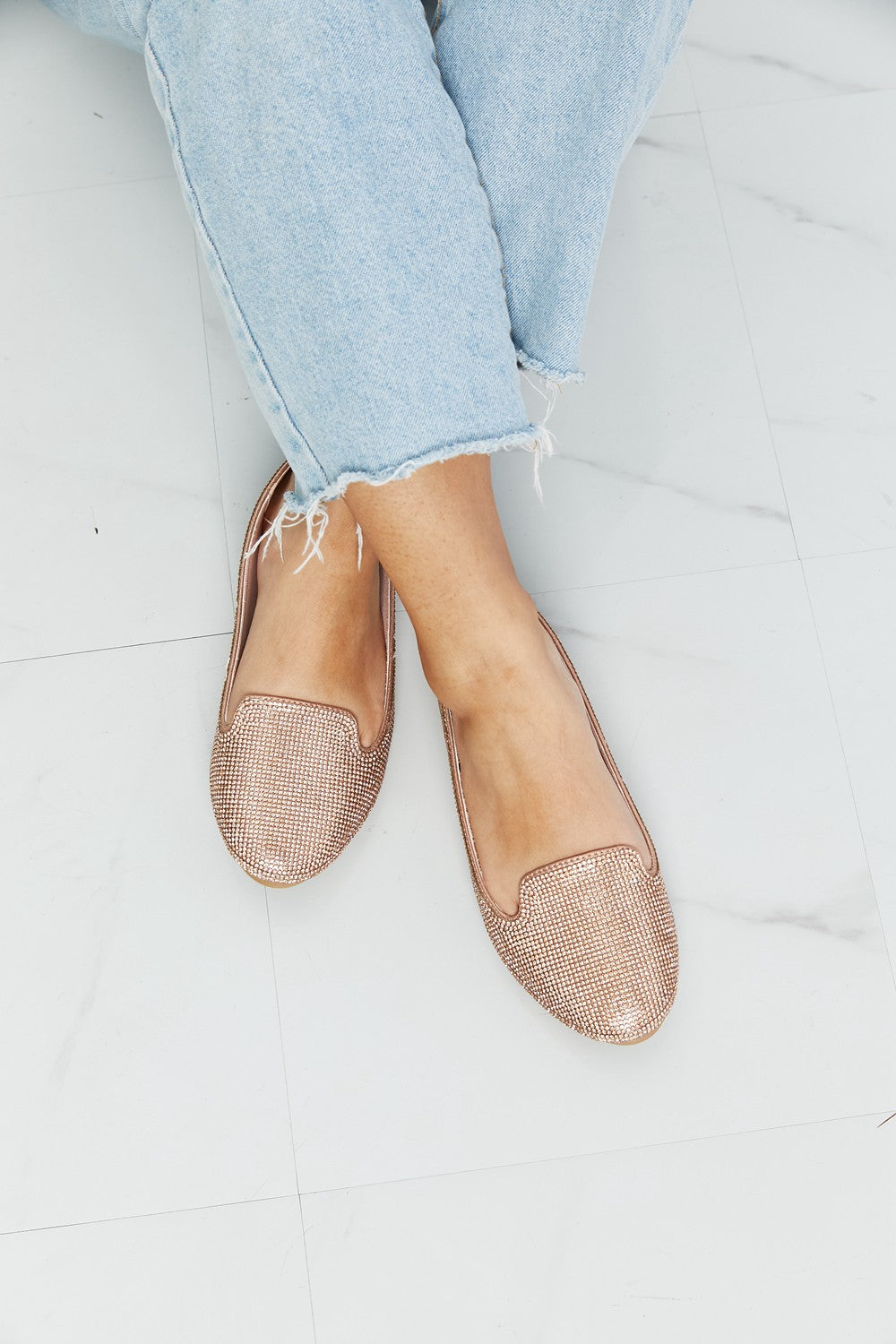 Forever Link Rhinestone Round Toe Flats in Rose Gold, view 2