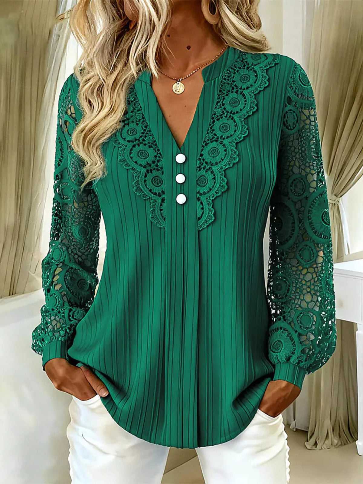 Lace Long Sleeve Notched Blouse - Lilixa.store
